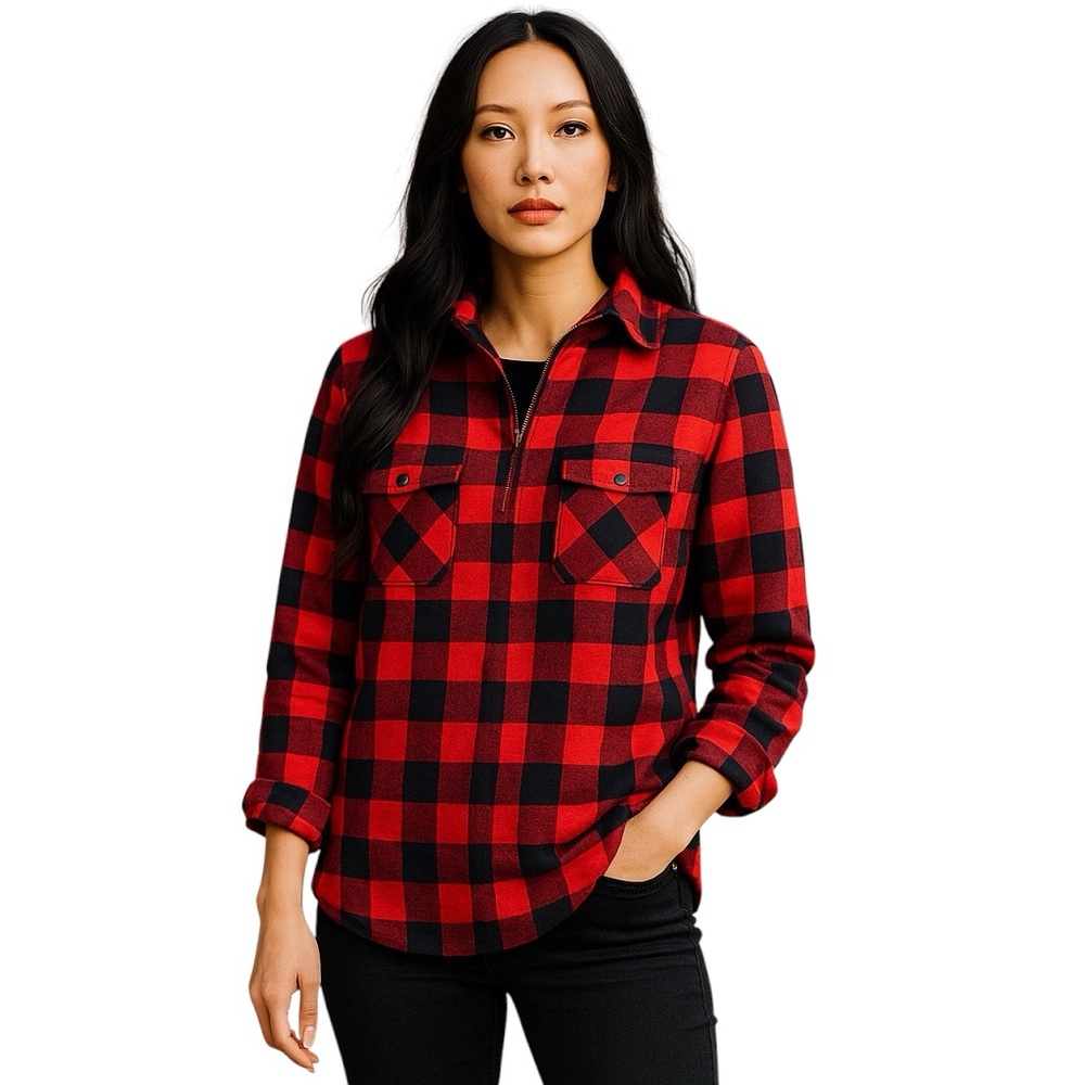 J Crew Red Plaid Wool Blend Flannel Sweater Jacket Shacket Pullover Zip Medium